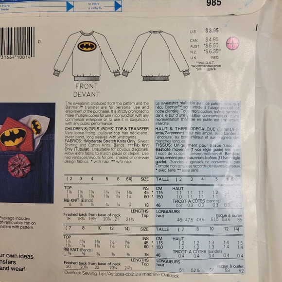VTG Butterick 1989 BATMAN Iron-On Transfer Kids Sweatshirt Pattern #985✨️NIP - Picture 15 of 16